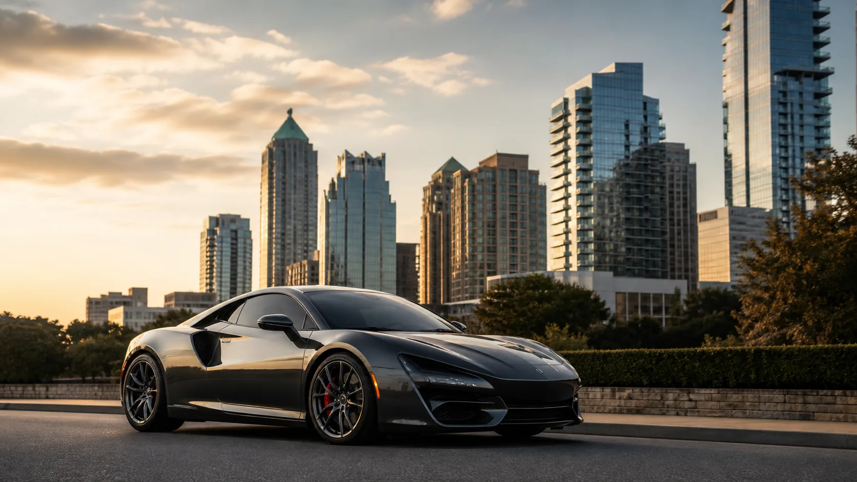 Atlanta collector car market banner with skyline context and a premium performance car in warm evening light.