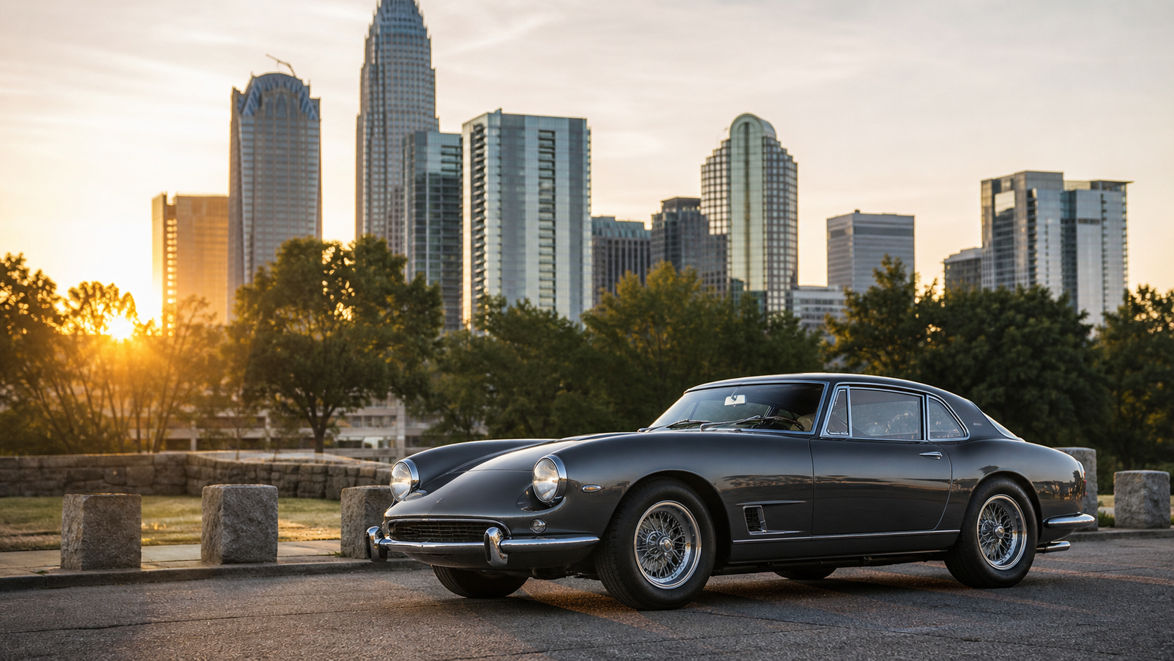 Charlotte collector car market banner with Uptown skyline context and a classic collector car at golden hour.