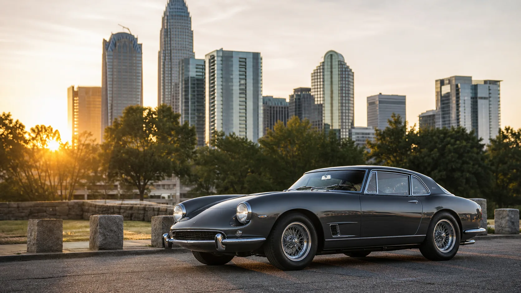 Charlotte collector car market banner with Uptown skyline context and a classic collector car at golden hour.