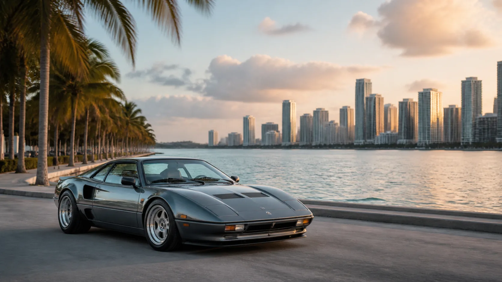 Miami collector car market banner with waterfront skyline context and a premium exotic collector car at sunrise.