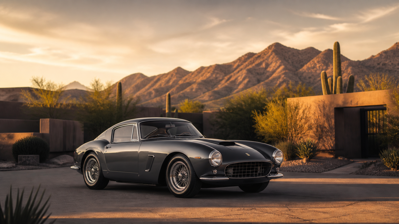 Scottsdale collector car market banner with desert architecture, mountains, and a significant vintage collector car.