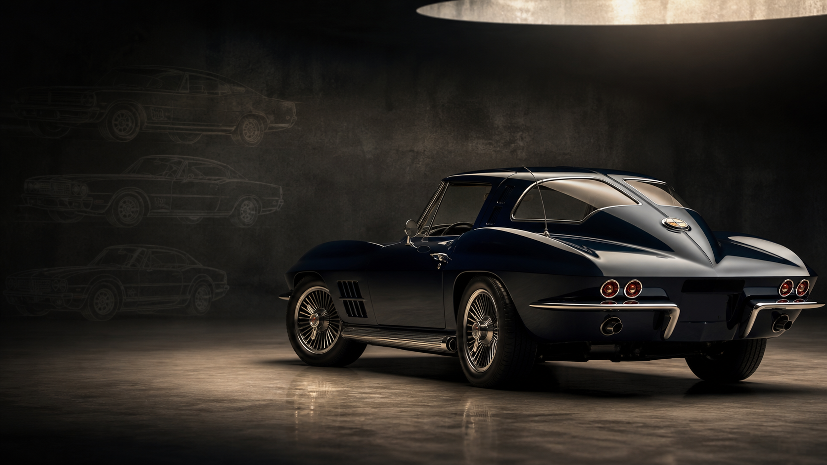 Classic Corvette-inspired American collector car in a dark editorial studio for market intelligence coverage.