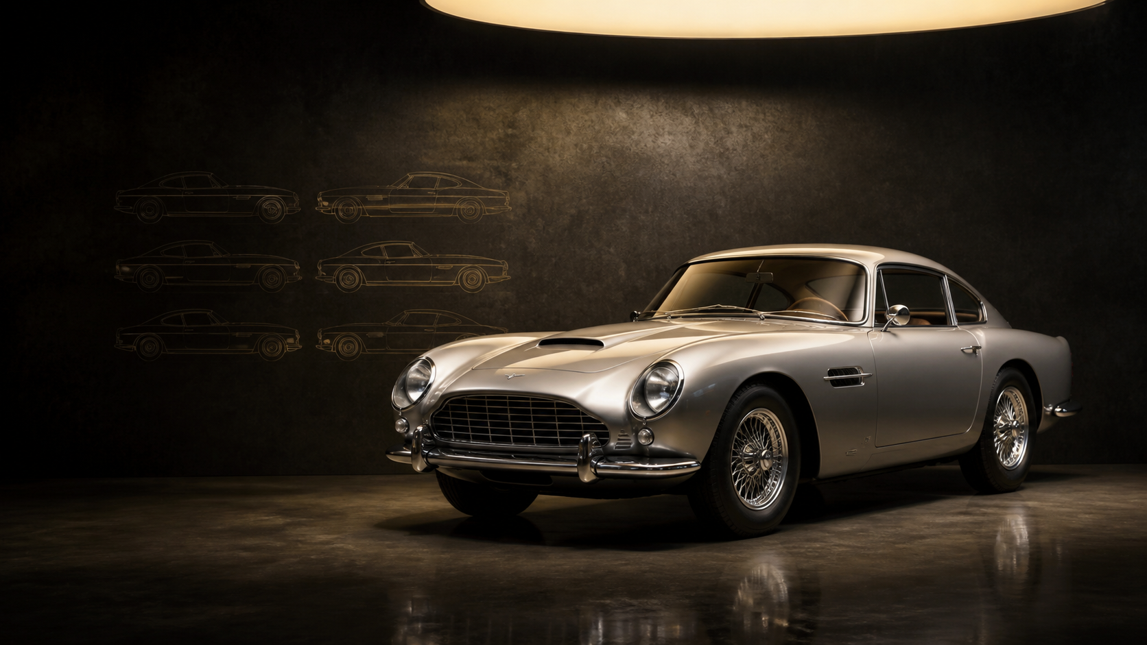 Classic European grand touring collector car in a dark editorial studio for market intelligence coverage.