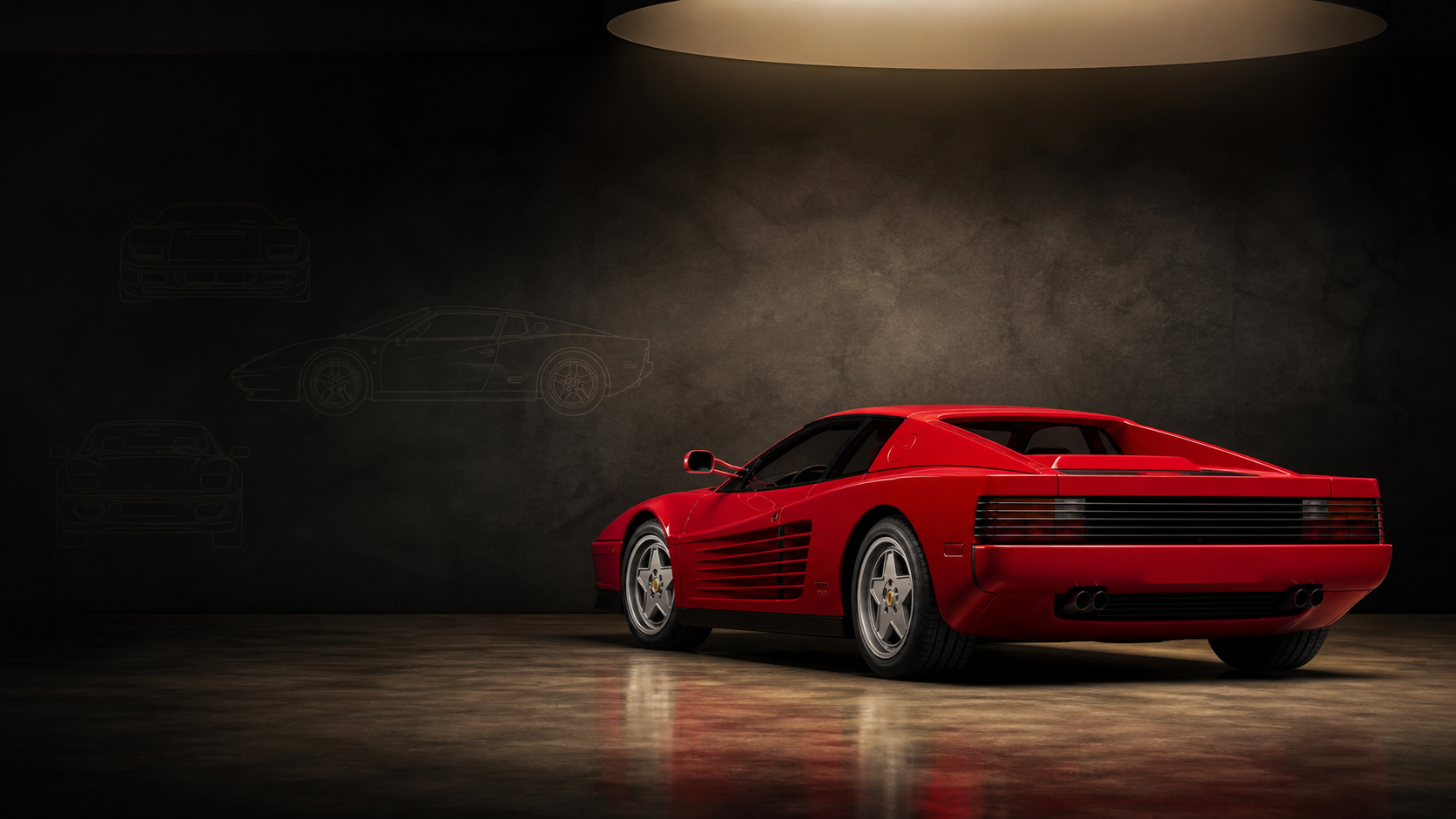 Ferrari-inspired collector sports car in a dark editorial studio for market intelligence coverage.
