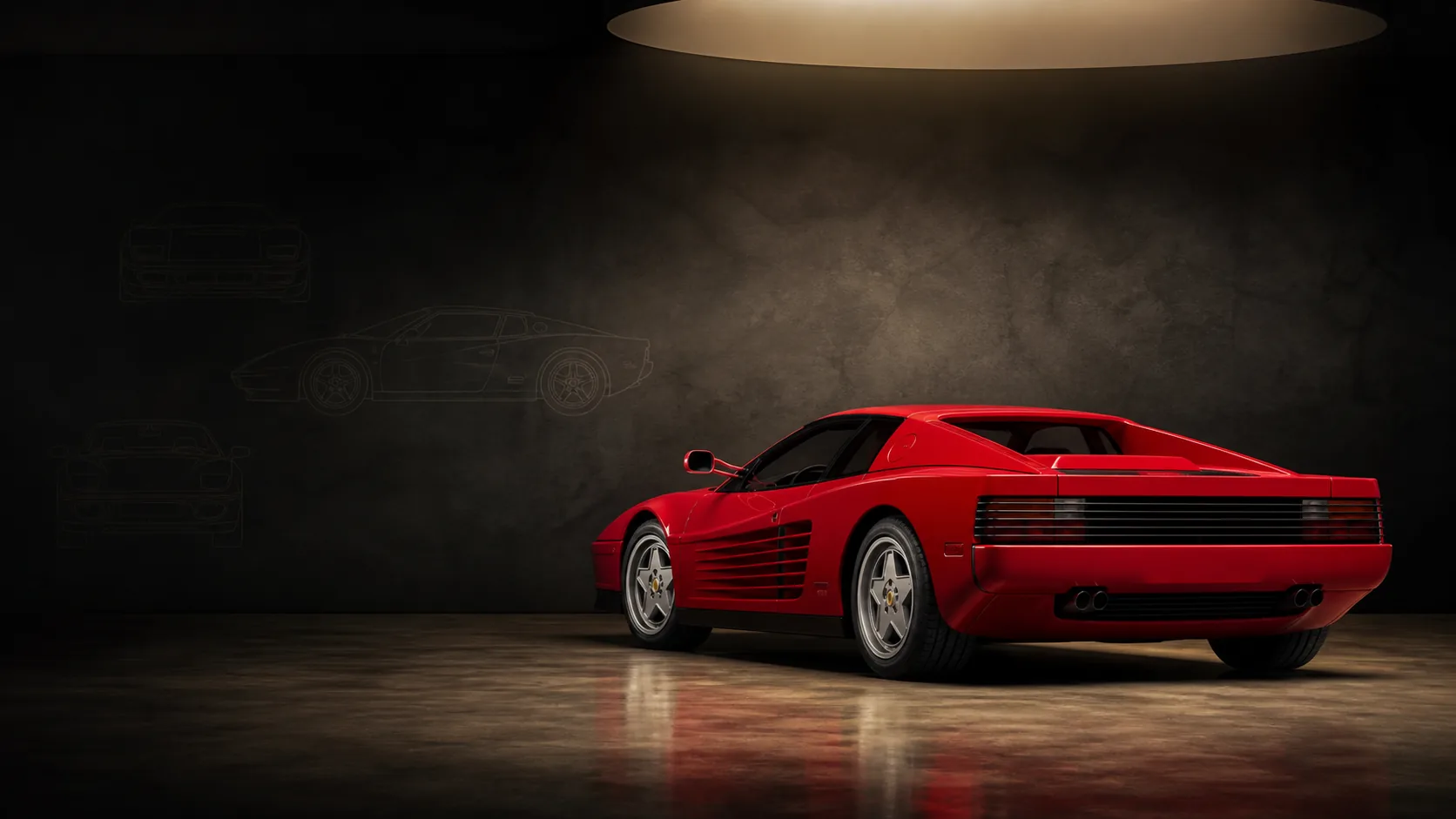 Ferrari-inspired collector sports car in a dark editorial studio for market intelligence coverage.
